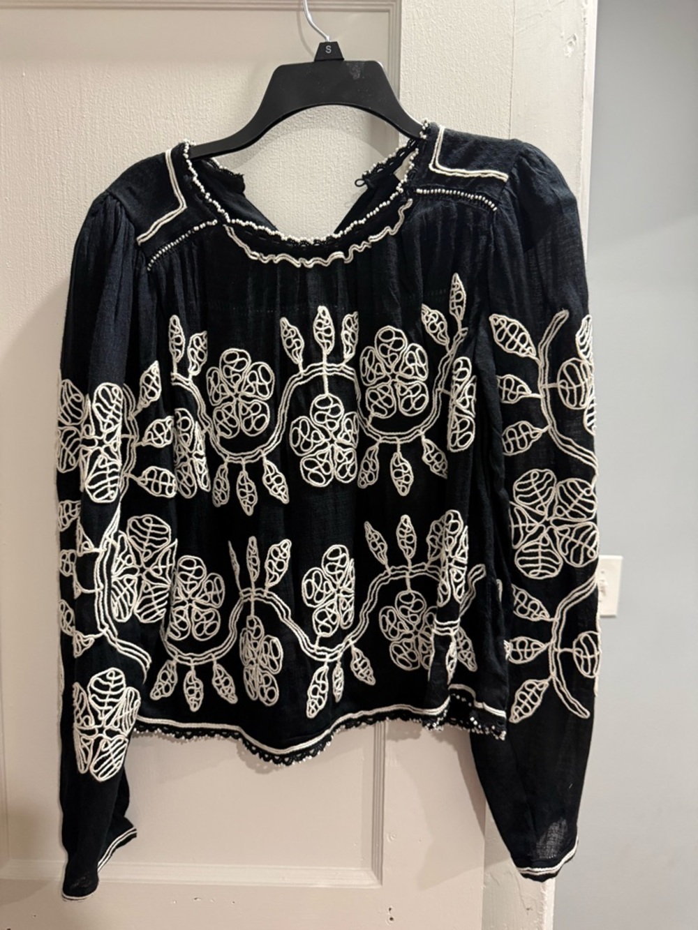 Sea New York Black Blouse with White Floral Embroidery